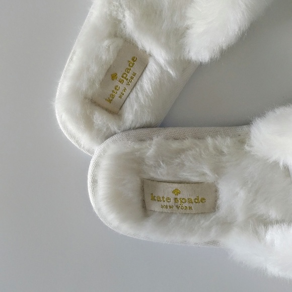 Kate Spade White Fuzzy Slippers with Black Bows - Picture 3 of 6